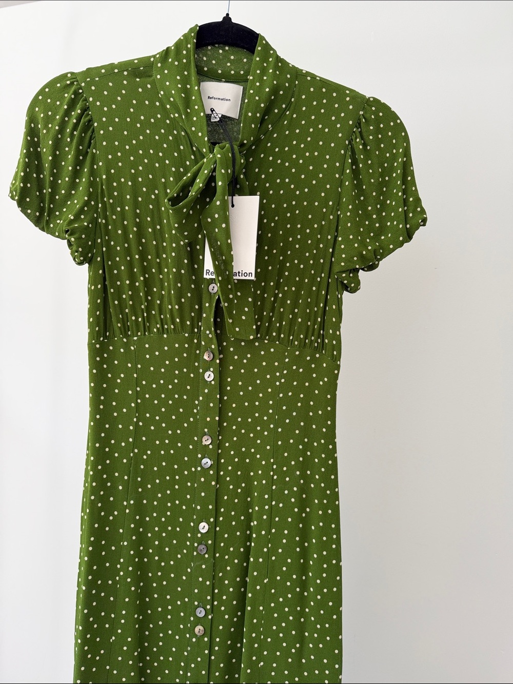 Reformation Olive Green Polka Dot Tie-Neck Blouse